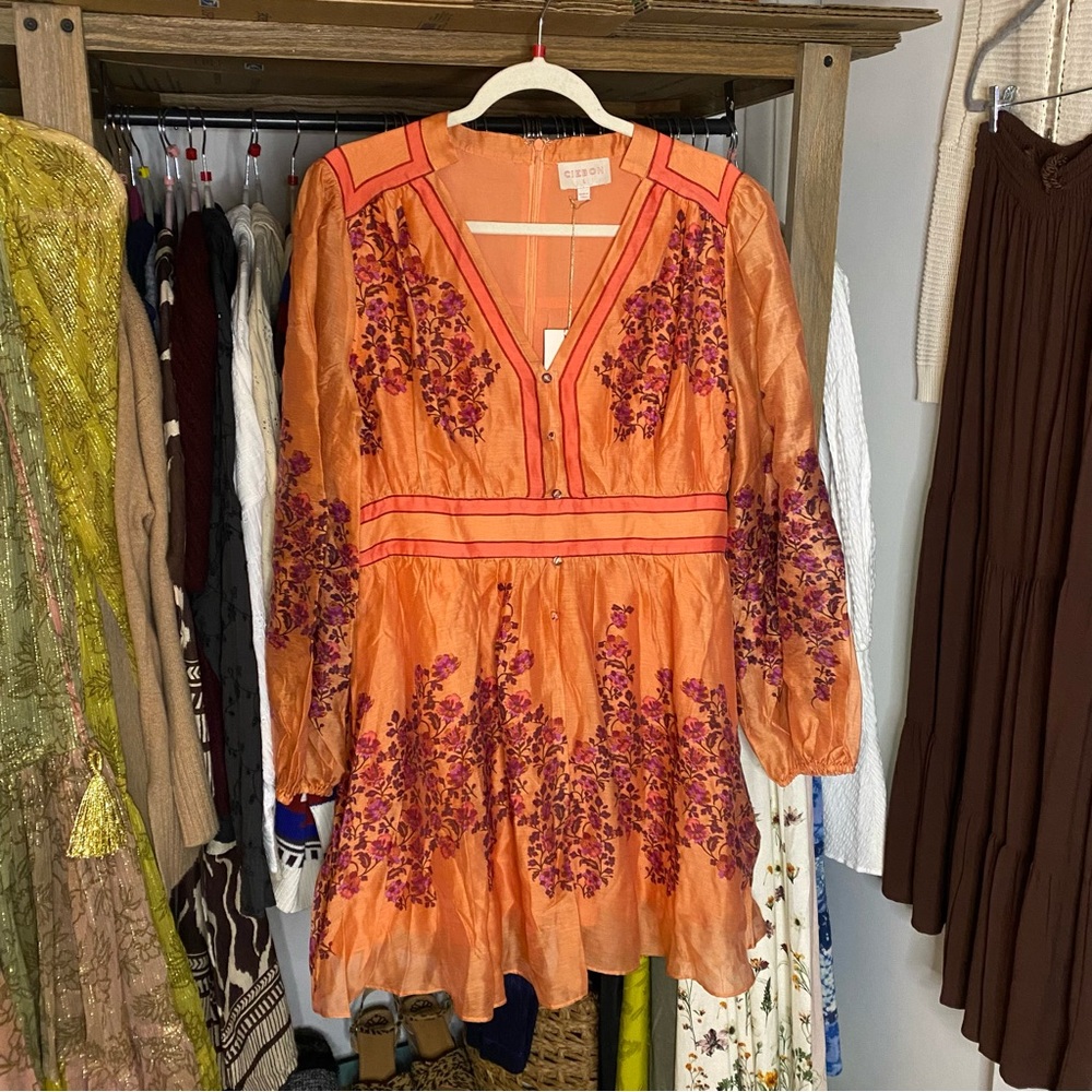 CIEBON Mango Orange Purple Floral Long Sleeve Linen Blend Dress! - Picture 5 of 15